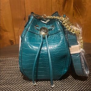 NWT Teal MKF Croc-Embossed Drawstring Bucket Bag with Gold Chain